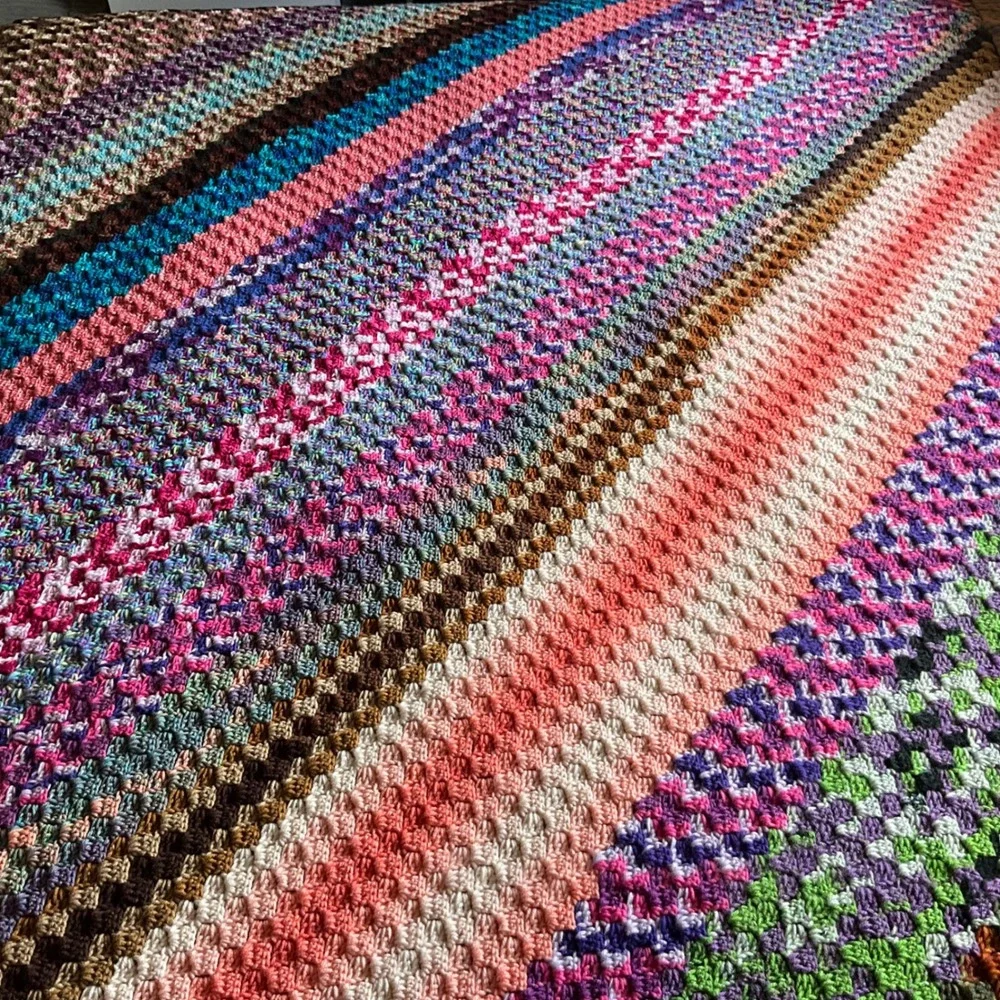 Handmade‎ Crochet Striped Blanket Multi Color Boho Cozy Cottagecore Grannycore